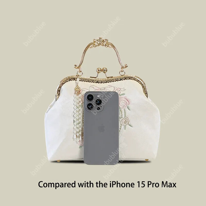 Vintage Rose Embroidered Handbag with Pearl Tassel & Gold Handle - Image 17