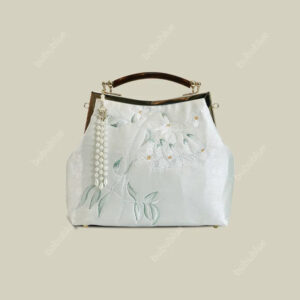 White Pear Blossom Embroidered Kiss Lock Clutch with Pearl Tassel