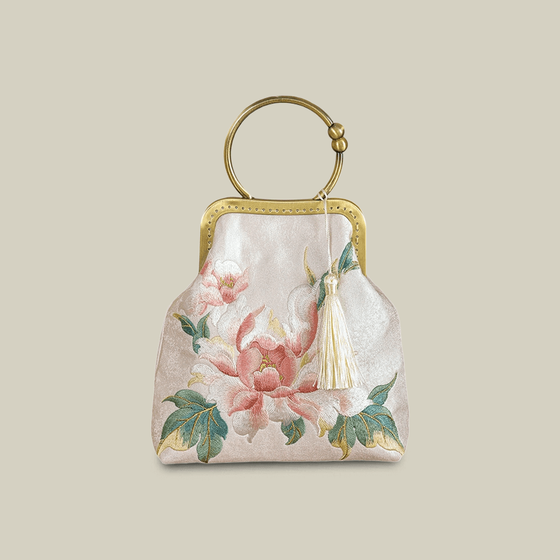 Peony Embroidered White Handbag with Metal Kiss-Lock - 이미지 8