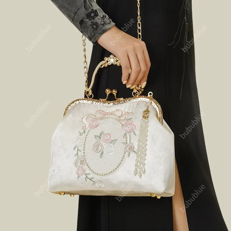 Vintage Rose Embroidered Handbag with Pearl Tassel & Gold Handle - Image 7