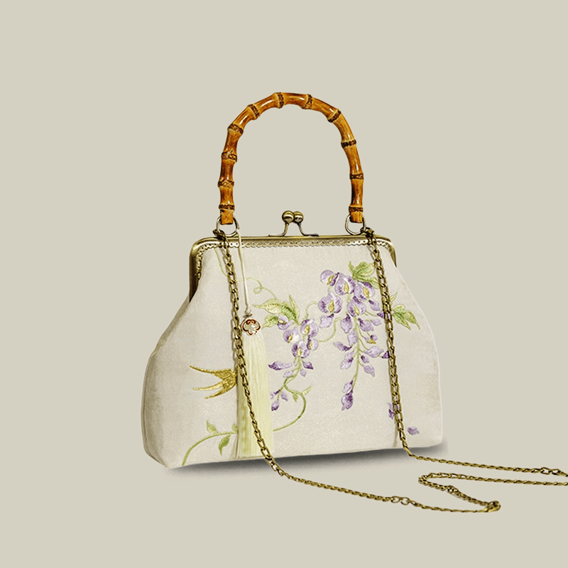 Swallow Embroidered Bamboo Handle Bag with Kiss-Lock - Image 14