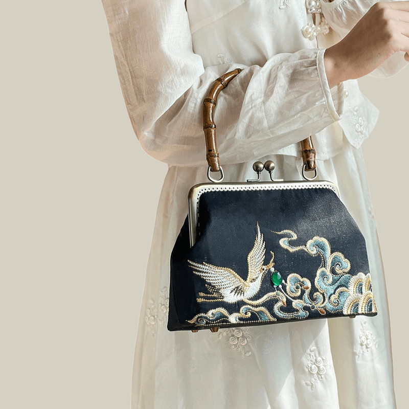 Embroidered Crane Handbag with Metal Kiss Lock - Image 2
