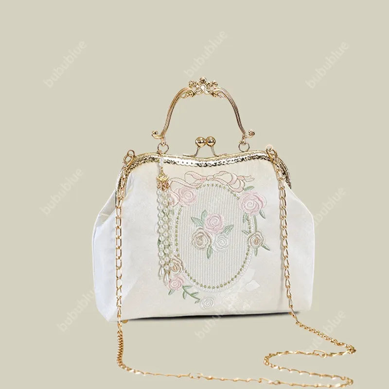 Vintage Rose Embroidered Handbag with Pearl Tassel & Gold Handle - Image 15