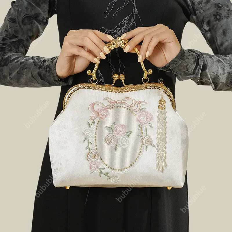 Vintage Rose Embroidered Handbag with Pearl Tassel & Gold Handle - Image 9