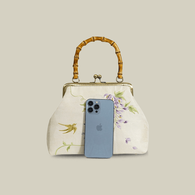 Swallow Embroidered Bamboo Handle Bag with Kiss-Lock - Image 15