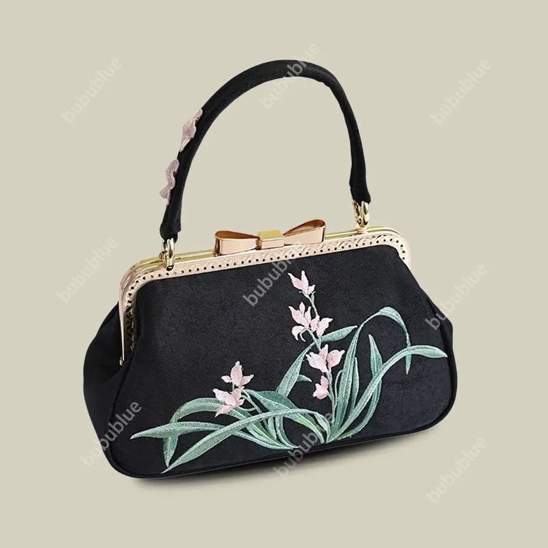 Vintage Orchid Embroidered Handbag with Metal Butterfly Lock - Image 11