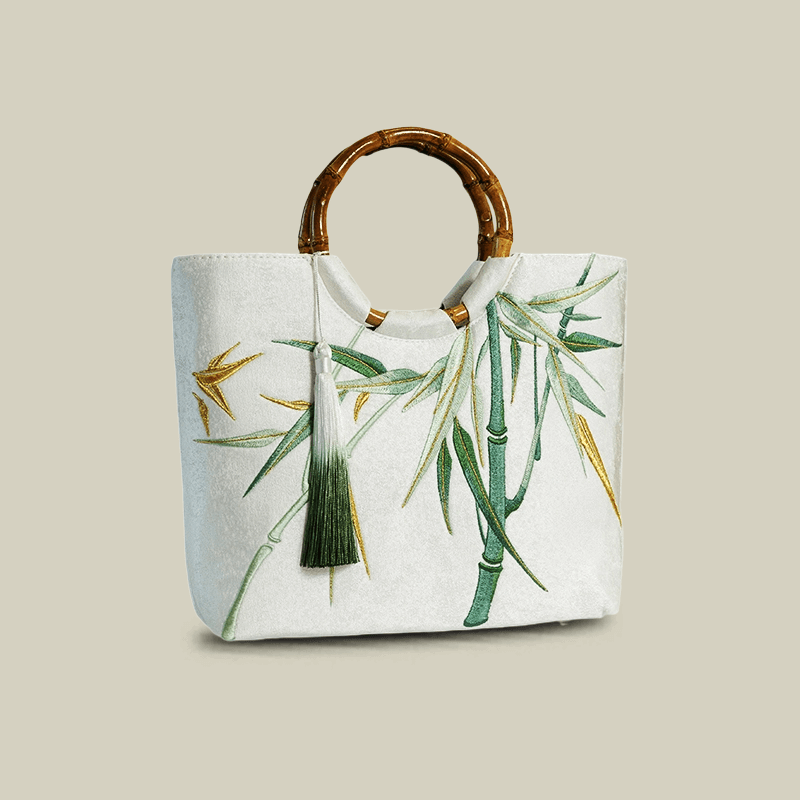 Bamboo Leaf Embroidered White Tote Bag with Bamboo Handle