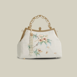 White Pear Blossom Embroidered Handbag with Pearl Tassel