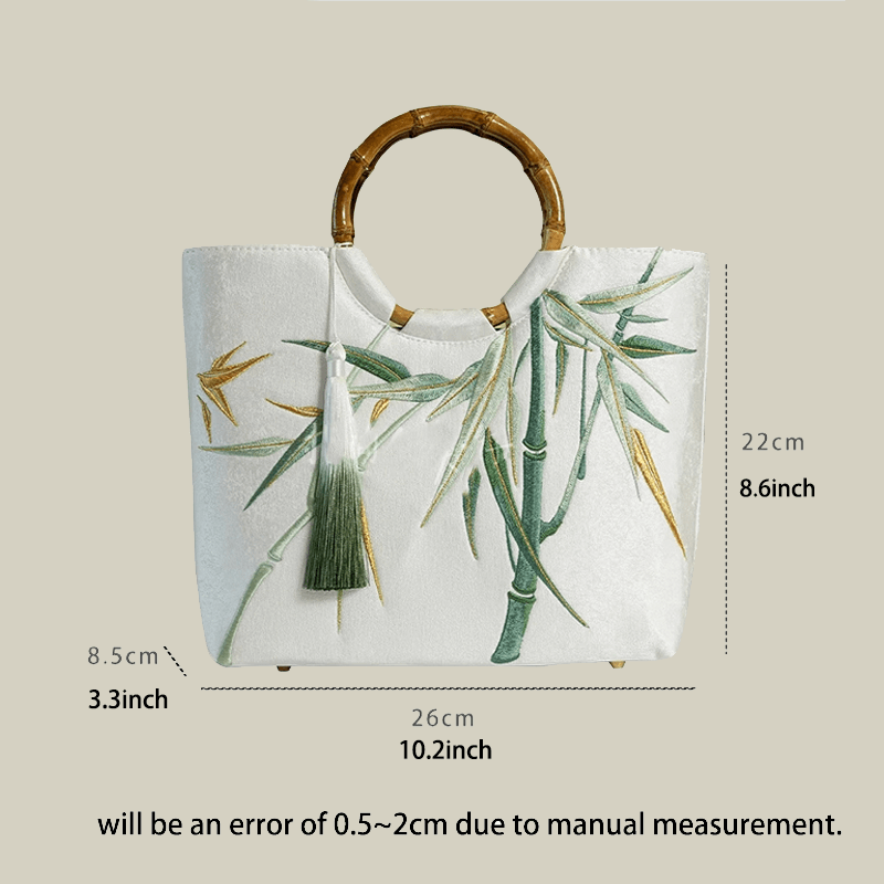 Bamboo Leaf Embroidered White Tote Bag with Bamboo Handle - Image 11