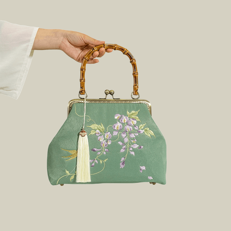 Swallow Embroidered Bamboo Handle Bag with Kiss-Lock - Image 13