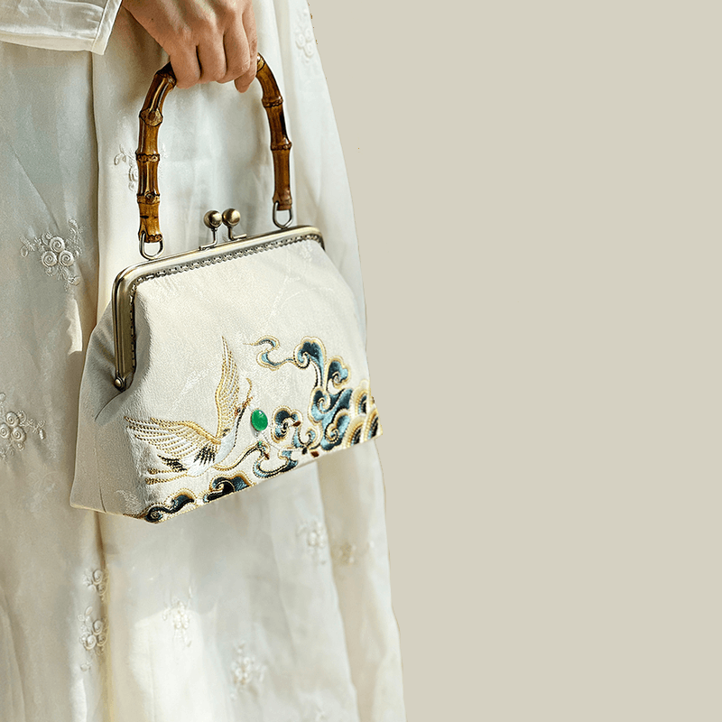Embroidered Crane Handbag with Metal Kiss Lock - Image 9