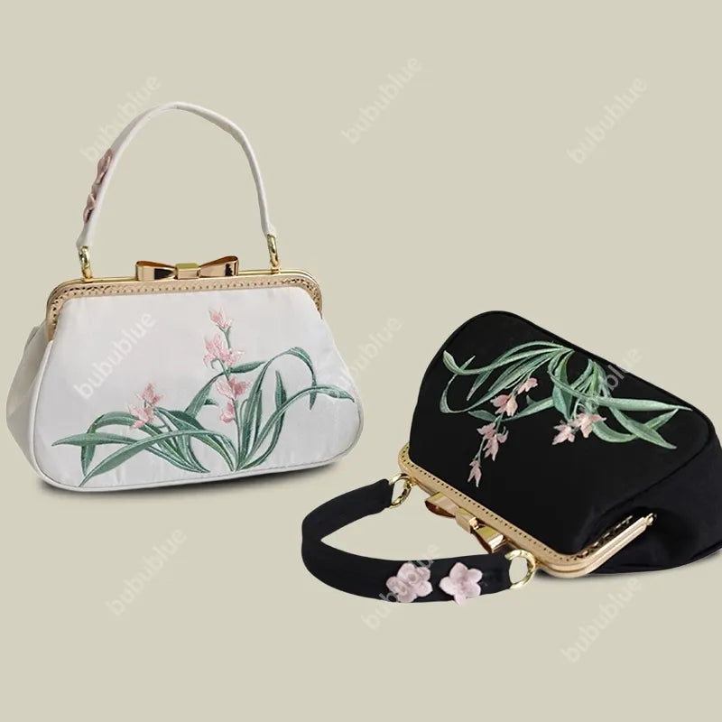 Vintage Orchid Embroidered Handbag with Metal Butterfly Lock - Image 3