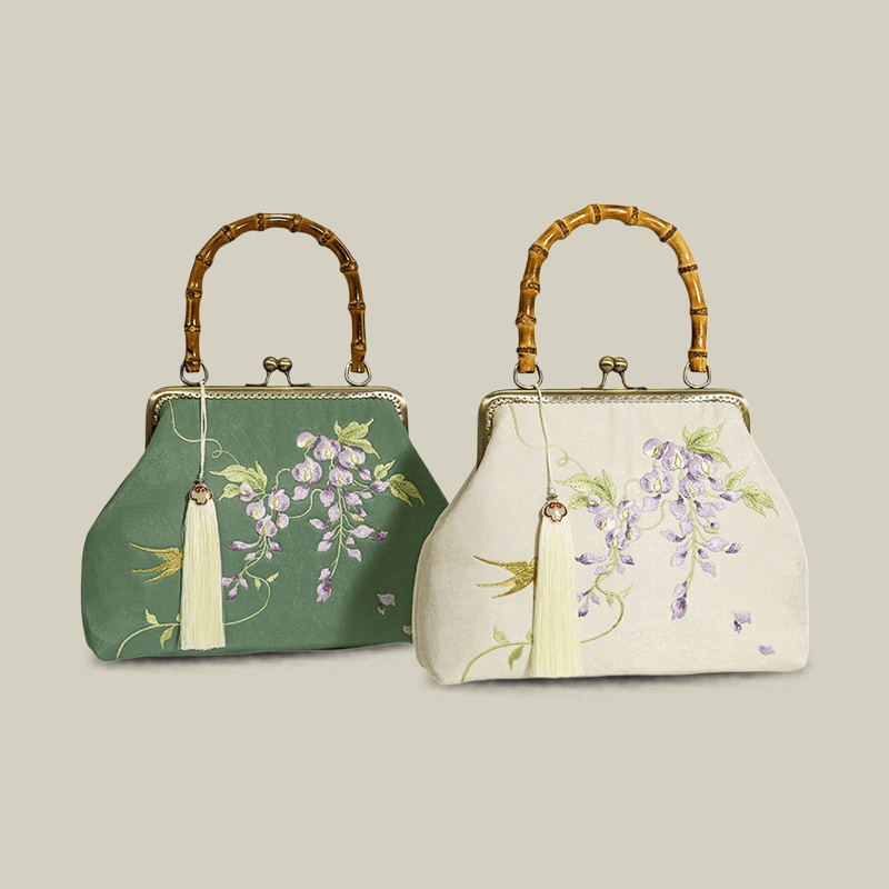 Swallow Embroidered Bamboo Handle Bag with Kiss-Lock - Image 3