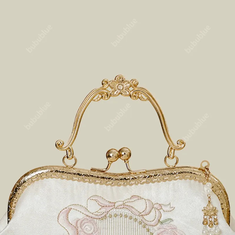 Vintage Rose Embroidered Handbag with Pearl Tassel & Gold Handle - Image 12