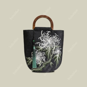Vintage Chrysanthemum Embroidery Tote Bag with Wooden Handle