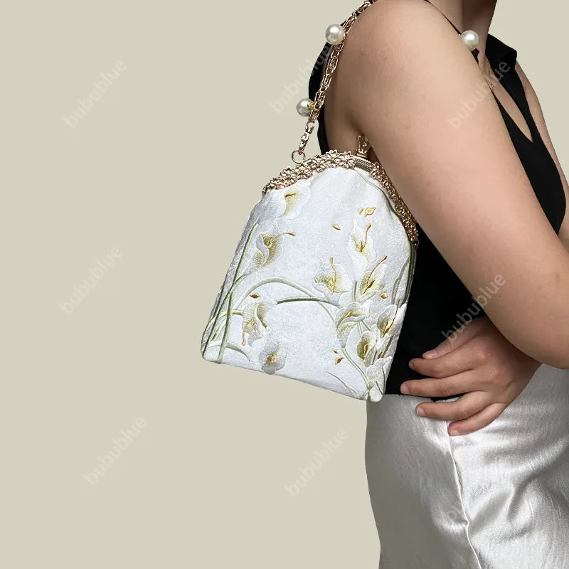 Calla Lily Embroidered Pearl Chain Handbag - Image 14