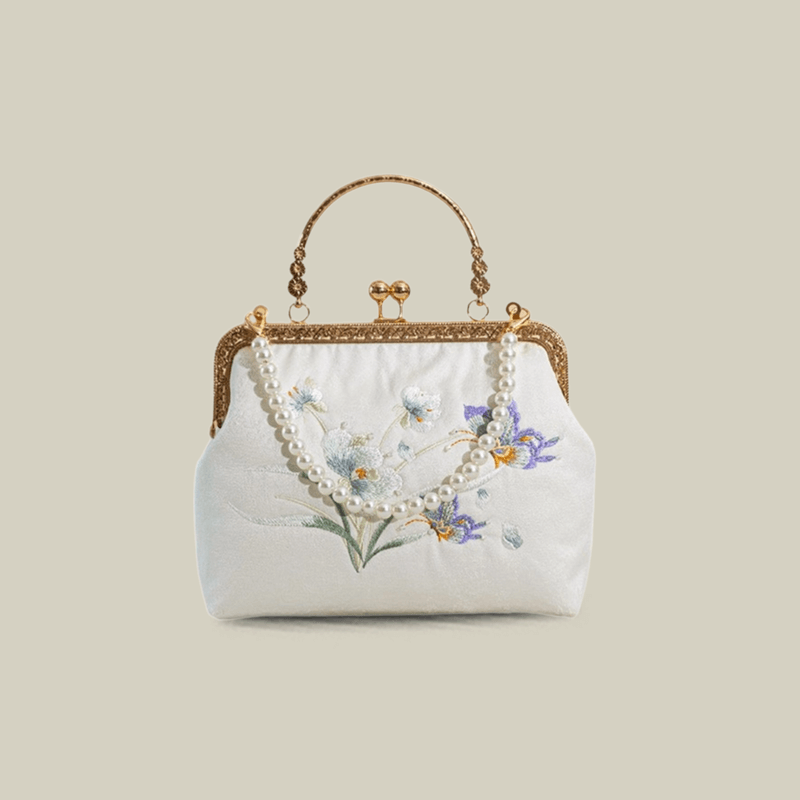 Butterfly Embroidered White Kiss-Lock Handbag - Image 9