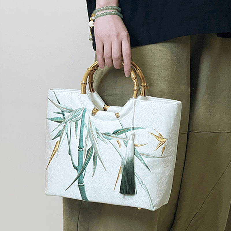 Bamboo Leaf Embroidered White Tote Bag with Bamboo Handle - Image 12