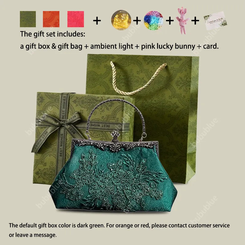 Emerald Embroidery Luxury Elengant Handbags With Vintage Metal Handle - Image 14