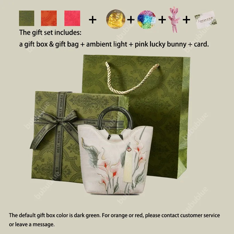 Calla Lily Embroidered Tote Bag with Vintage Green Acrylic Handle - Image 9