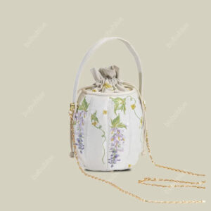 Wisteria Embroidered Drawstring Bucket Bag in Cream Satin